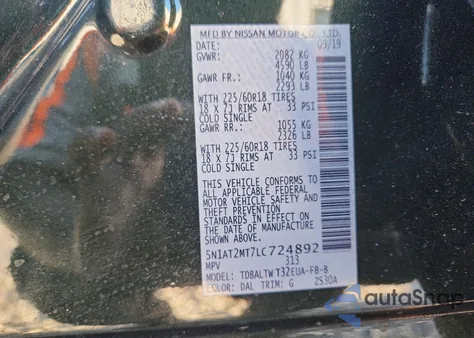 2020 Nissan Rogue S z USA, uszkodzony, nr VIN 5N1AT2MT7LC724892